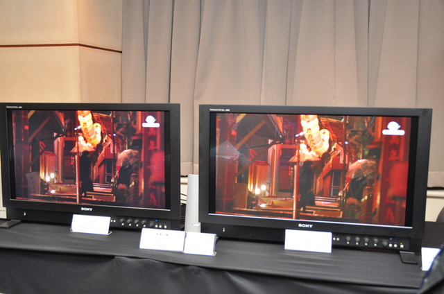 HDR（ハイダイナミックレンジ）技術による、より高画質な4K映像のデモ（写真右）も披露された