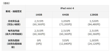 au「iPad mini 4」の販売価格