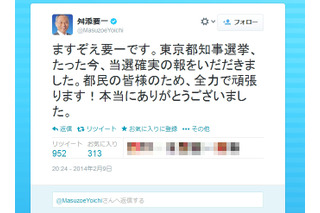 東京都知事選、投票日に約68万ツイート……舛添要一氏が当選 画像