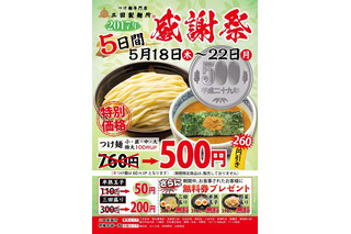 三田製麺所でつけ麺一杯500円のフェア開催！利用すると次回割引も 画像
