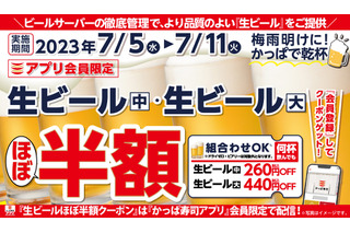 かっぱ寿司、7月5日から1週間「生ビールほぼ半額キャンペーン」開催 画像