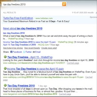 Bingにおける「tax day freebies 2010」の検索結果。とりあえず「？」マークはない。