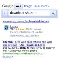 「download shazam」で検索した場合の検索結果