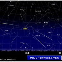 国立天文台特設ページの13日0時の空の模様。北東に放射点がある