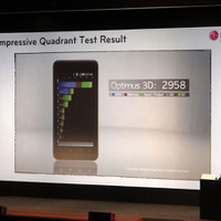 製品発表会では、Android端末用ベンチマークQuadrantの結果として2958という数字を紹介。3000近いスコアは従来であればオーバークロック機でないと到達しない域だ