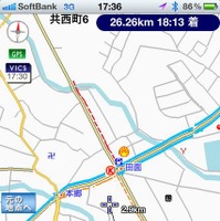 ユビークリンク　 郊外では裏道の情報は殆ど無く、幹線道路のみとなる。この画像はリアルプローブ情報があるところを選んだが、全体としてはVICSのほうが圧倒的に多い。