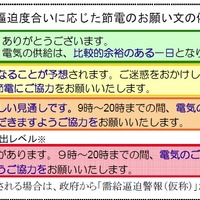 需給のひっ迫度に応じて表示されるお願い文の例