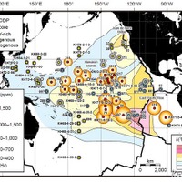 太平洋におけるレアアース資源泥の分布(表層2 m)と平均総レアアース含有量