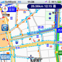 G-BOOK全力案内ナビ独自のプローブ交通情報による渋滞、空き道表示。幹線道路だけでなく裏道の情報も多いことがわかる。都市部では明らかにVICSを上回る情報量だ。