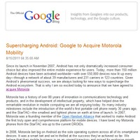 米グーグル（Google）は、米モトローラモビリティ（Motorola Mobility）を買収したと発表
