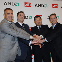 左から、米AMDのヘンリー・リチャード副社長、日本AMDのディビッド M. ユーゼ社長、ATIテクノロジーズジャパンの森下正敏社長、カナダATIテクノロジーズのリック・ヘグバーグ上級副社長