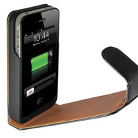 FMトランスミッタ・レザーケース一体型iPhone 4S・4用補助バッテリ、通話を最大5時間延長 画像