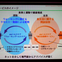 「デューク更家のウォーキングヘルスケア」と「食生活指導サービス」の両輪で利用者の健康を増進していくというサービスのイメージ