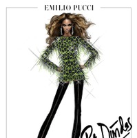 「エミリオ・プッチ」のピーター・デュンダスによるデザイン画。ビーズとフリンジをあしらったミニドレス。