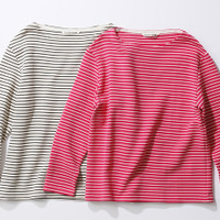beautiful people青山店限定バスクシャツ(左より、ネイビー＆エクリュ、ピンク＆エクリュ）