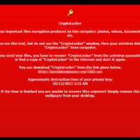 最近確認された「crypto locker」がデスクトップに表示する、ユーザへの警告文が記された壁紙