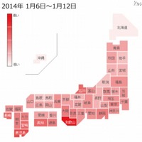 「インフルエンザ」の各都道府県別検索分布（1月6日～12日）