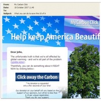 地球温暖化防止を騙るスパムの例：「Click away the Carbon」などと表示してユーザーを騙す