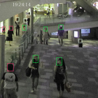顔認識システムを起動した例。自動的に人物の顔を認識し、画面から消えるまでマーカーが追いかける。