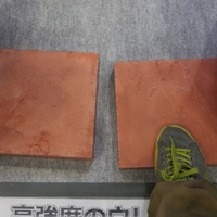 同社ブースに展示されていた硬質発泡ウレタン樹脂を使ったブロックの展示。凝固後は車両通行にも耐えうる強度となる（撮影：防犯システムNAVI）