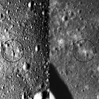 アポロ15号が撮影した着陸地点の写真。左が着陸前で右が着陸後（出典：　P25-51, Apollo 15 Preliminary Science Report （NASASP-289）