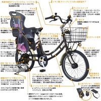 チャイルドシート付き「防災する自転車（R）」の各種特徴一覧。ベースとなるのはファミリー向けの電動付き自転車で、6段変速ギアも備えている（画像はプレスリリースより）