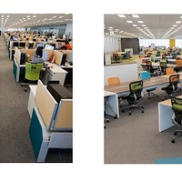 従来の机の配置（左）と、新社屋での机の配置（右）