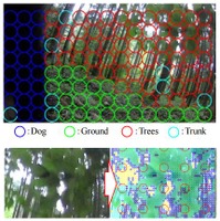 森林環境で活動訓練をしているサイバー救助犬にカメラを搭載した際の森林画像の認識結果。画面では、犬、地面、木々、木の幹などを種別ごとにグリッド表示している（画像はプレスリリースより）