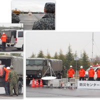 シーン2「可搬型基地局の出動訓練」。途中で陸上自衛隊のトラックに機材を積み替える。防災センターに到着すると、基地局が構築された