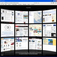 頻繁に訪問するページをプレビューで一覧表示させる「Top Sites」機能。英語版のApple社のサイトのほか、Yahoo!、Wikipedia、Flickrなどがデフォルトでは表示されるようになっている