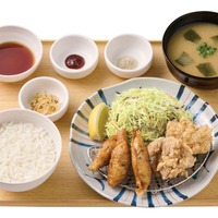 鶏皮餃子と鶏竜田揚げの定食（鶏皮餃子３個・鶏竜田揚げ２個）　970円