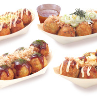 左上：チーズ明太子、 右上：ねぎだこ、 左下：創業以来人気No.1 「ぜったいうまい!! たこ焼」、 右下：てりたま