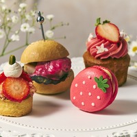 左から「苺とピスタチオのハーブ香るタルト」 「ハーブチキンサンド 木苺のソース」「苺仕立てのマカロン レモングラスのホワイトショコラ」「苺づくしのカップケーキ」