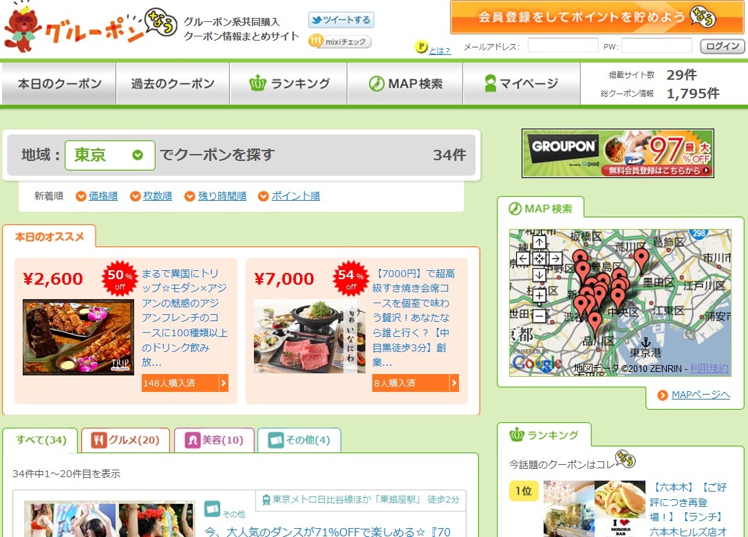 Groupon系 サービスまとめサイト グルーポンなう がリニューアル ポイント制導入やクーポン絞込み機能など 1枚目の写真 画像 Rbb Today