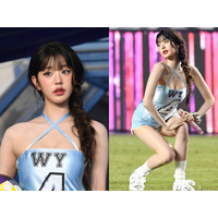 太ももの98％があらわに…IVE・ウォニョン、“密着ミニワンピ”に改良した大胆ユニでサッカーファンを魅了【PHOTO】