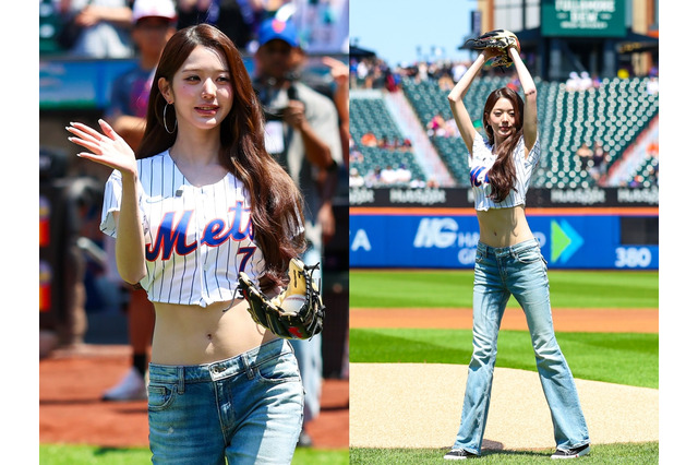 “ヘソ出し”ユニフォームで視線独占！IVE・ウォニョン、MLB始球式に登場　華麗な投球に歓声 画像