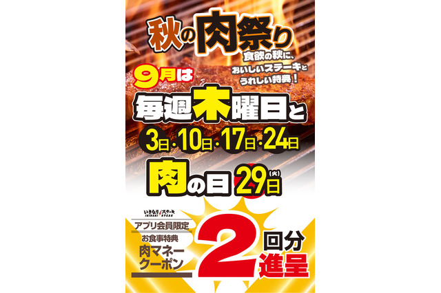 【肉の日】いきなり！ステーキ、9月の木曜＆29日はクーポン2回分！5回利用で通常700円→1,400円分 画像