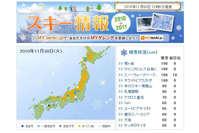 一部滑走可の場所も……スキーシーズン到来でtenki.jpが「スキー情報」 画像