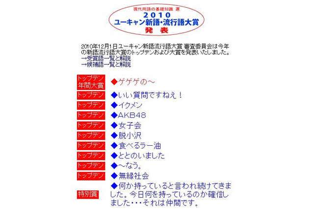 流行語大賞は「ゲゲゲの～」、「AKB48」や「～なう。」もトップテンに 画像