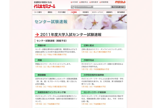 2011年度大学入試センター試験速報、1/15夜スタート 画像