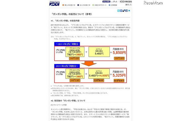 au、学生と家族対象の「ガンガン割引」をスマートフォンにも 画像