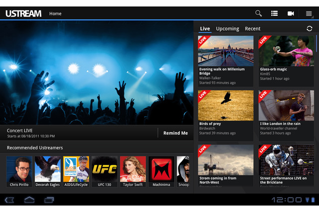Android 3.0搭載タブレットでUstreamの視聴が可能に 画像