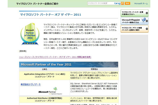 「マイクロソフト パートナー オブ ザ イヤー2011」 受賞企業が発表に 画像