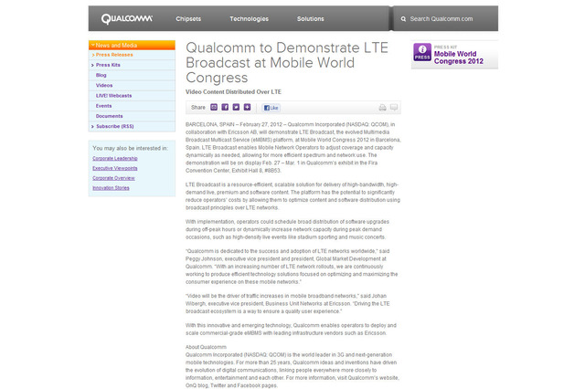 【MWC 2012（Vol.34）】クアルコム、LTEブロードキャストをデモンストレーション 画像