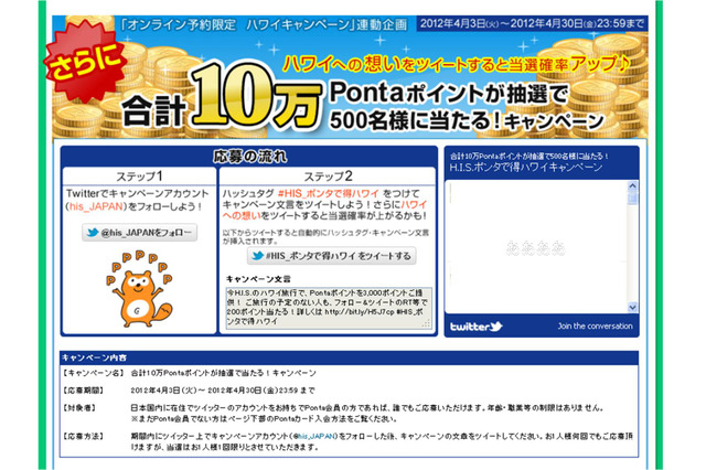 H.I.S.、Twitterでフォロー＆キャンペーン文言のツイートでPontaポイントが当たるキャンペーンを実施 画像
