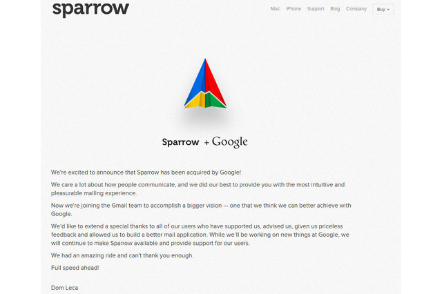 GoogleがiPhoneの人気メールクライアントのSparrowを買収 画像