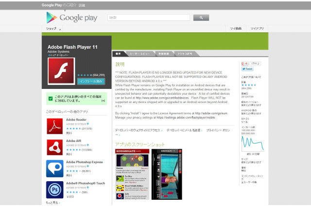 Android向けFlash Playerアプリは15日以降インストールできない……ドコモが注意呼びかけ 画像
