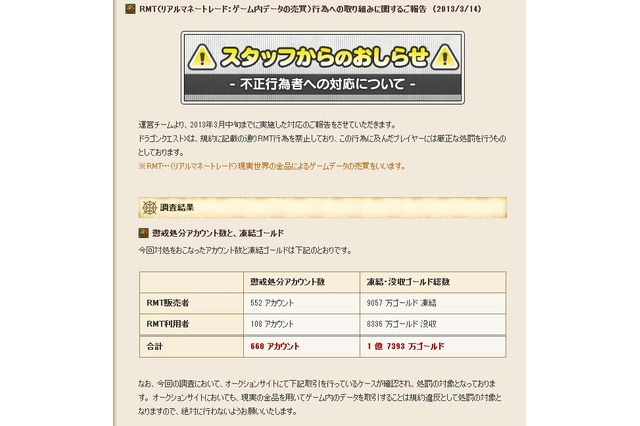 「ドラゴンクエストX」RMT不正者数を公表、660アカウント1億7393万ゴールドが「凍結・没収」 画像