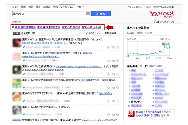 Yahoo!検索リアルタイムに新機能、「一緒につぶやかれている言葉」「だら見モード」など 画像