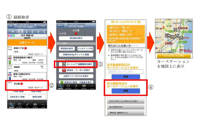 ジョルダン「乗換案内」、オリックスカーシェアと連携 画像